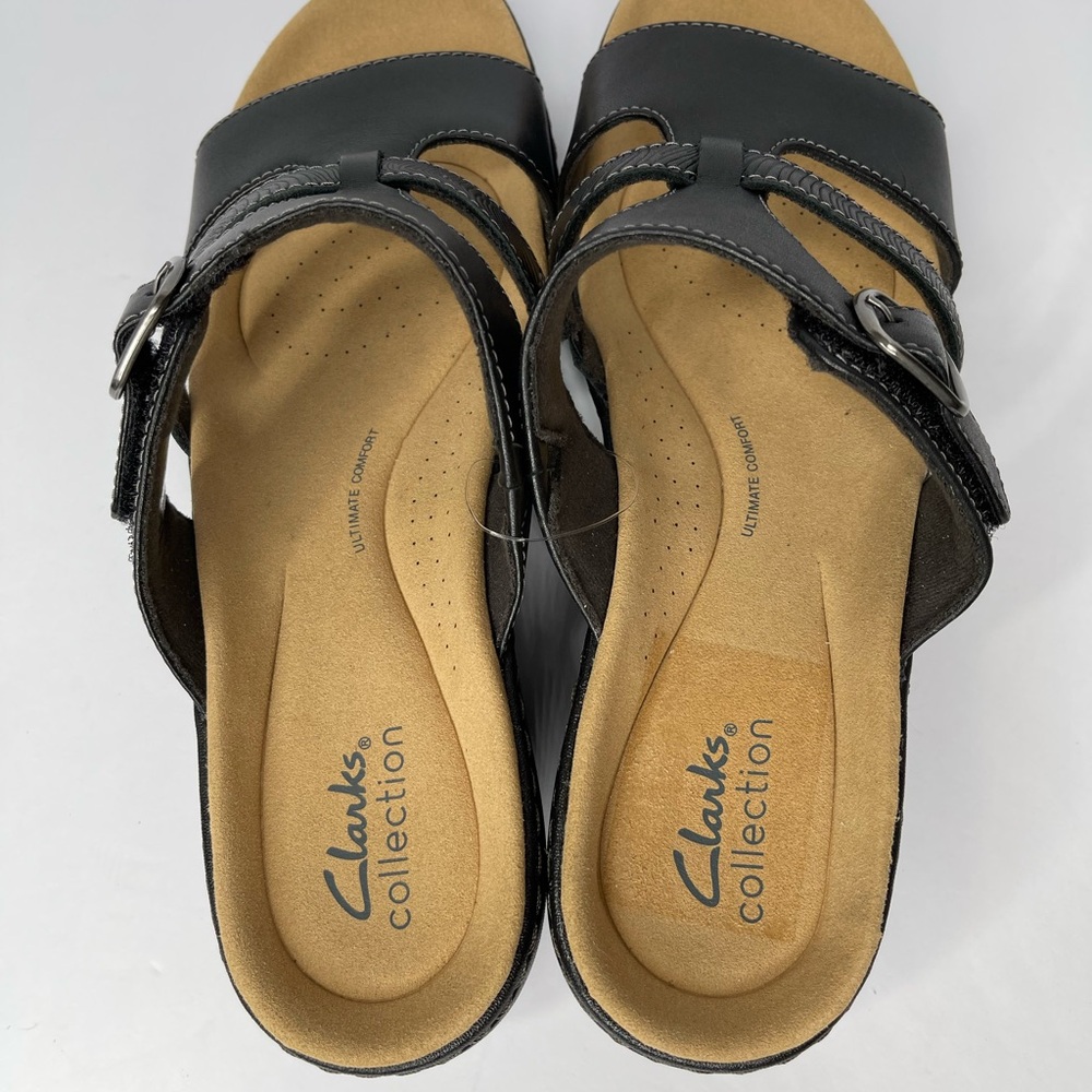 NWOB Clarks Women 9.5 Merliah Pearl Black Leather Wedge Comfort Slip on Sandal - Picture 2 of 5